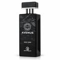Grandeur Avenue New York 100ml EDP Lelaki — Botol hitam bertekstur dengan penutup kesan marmar, tertulis 'AVENUE NEW YORK' dan lambang bulat 'NATURAL SPRAY VAPORISATEUR NO 99'.