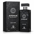 Grandeur Avenue New York oleh Grandeur 100ml EDP Lelaki — Kotak dan botol Eau de Parfum bercorak marmar hitam, kedua-duanya mempunyai logo bulat dan teks 'AVENUE NEW YORK'.
