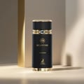 Maison Alhambra Sceptre Oceana — Black perfume bottle with gold accents and a blue gem on the cap, standing next to a gold pillar against a soft, shadowed background.