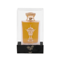 Lattafa Pride Al Areeq Gold — Frosted glass perfume bottle with gold ornate Arabic incense burner emblem, gold cap, in a clear display box with black base.