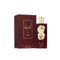 Lattafa Pride Ansaam Gold — Maroon box and bottle with gold floral accents and gold cap, white background.