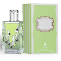 Maison Alhambra Sugar Me Pistachio Chocolate — A clear glass perfume bottle with green liquid and a silver cap, next to its green and white striped box with a decorative label.