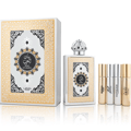 Lattafa Pride King of Arabia by Lattafa Pride 100ml EDP — A boxed set featuring a large perfume box and a perfume bottle with a crown cap, alongside five small rollerball perfume bottles.