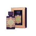 Lattafa Bade'e Al Oud Amethyst Fusion 100ml — A purple perfume bottle with a gold geometric label sits in front of its matching purple and gold box, which displays another bottle inside.
