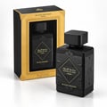 Lattafa Bade'e Al Oud Black Exposed — Black perfume bottle with ornate geometric detailing and gold text on a white background.