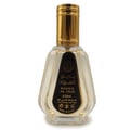 Ard Al Zaafaran Badee Al Oud Eau De Parfum 50ml — A clear glass perfume bottle with a faceted design and a gold cap, featuring a black label with Arabic and English text. | Ard Al Zaafaran Badee Al Oud Eau De Parfum 50ml — Botol minyak wangi kaca jernih dengan reka bentuk berfaset dan penutup emas, menampilkan label