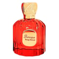 Maison Alhambra Baroque Rouge Extrait 100ml — A red glass perfume bottle with a gold textured cap, featuring a gold oval label with black text reading 'Baroque Rouge Extrait'. | Maison Alhambra Baroque Rouge Extrait 100ml — Botol kaca merah dengan penutup bertekstur emas, menampilkan label bujur emas dengan teks hitam