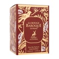 Maison Alhambra Baroque Rouge Extrait 100ml — A maroon perfume box with gold floral and bird illustrations, featuring a central oval label with 'LA ROUGE BAROQUE EXTREME' and a deer silhouette. | Maison Alhambra Baroque Rouge Extrait 100ml — Kotak pewangi merah marun dengan ilustrasi bunga dan burung emas, menampilkan