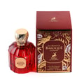 Maison Alhambra Baroque Rouge Extrait 100ml by Maison Alhambra — Red faceted glass perfume bottle with gold cap next to its red and gold decorative box, featuring a bird and deer motif. | Maison Alhambra Baroque Rouge Extrait 100ml by Maison Alhambra — Botol minyak wangi kaca merah berfaset dengan penutup emas di