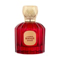 Maison Alhambra Baroque Rouge Extrait 100ml — A red fluted glass perfume bottle with a gold textured cap and a gold oval label that reads "LA ROUGE BAROQUE EXTREME". | Maison Alhambra Baroque Rouge Extrait 100ml — Botol kaca merah berlekuk dengan penutup bertekstur emas dan label bujur emas bertuliskan "LA ROUGE