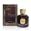 Maison Alhambra Baroque Satin Oud 100ml — A dark glass perfume bottle with a gold textured cap sits next to its matching dark box with gold geometric patterns. | Maison Alhambra Baroque Satin Oud 100ml — Botol minyak wangi kaca gelap dengan penutup bertekstur emas terletak di sebelah kotak gelapnya dengan corak