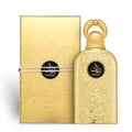 Lattafa Bayaan Eau De Parfum — Gold bottle and matching gold box with Arabic calligraphy design, tied with white string. | Lattafa Bayaan Eau De Parfum — Botol dan kotak emas sepadan dengan reka bentuk kaligrafi Arab, diikat dengan tali putih.
