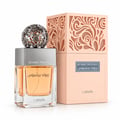 Lattafa Beyond Precious by Lattafa 100ml EDP Women — Botol minyak wangi kaca jernih berisi cecair oren, penutup perak berhias, dan kotak hiasan picu dengan corak bunga berlubang.