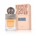 Lattafa Beyond Precious by Lattafa 100ml EDP Women — Botol minyak wangi kaca berbentuk segi empat dengan cecair oren dan penutup sfera perak berhias, bersebelahan kotak berwarna picanya dengan rekaan berlubang yang rumit.