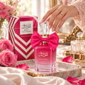 Ard Al Zaafaran Bint Hooran Rose Passion — Pink perfume bottle with a large satin bow, crystal cap, and gold accents, next to its matching box and pink roses on a marble tray.