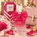 Ard Al Zaafaran Bint Hooran Rose Passion — Pink perfume bottle with a large satin bow, a matching gift box, a pink rose, and rose petals on a marble surface.