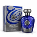 Lattafa Blue Oud Elixir — Blue glass perfume bottle with ornate silver accents and a textured silver cap, next to its matching silver and blue patterned box.