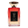 Bujairami Blush by Bujairami Eau de Parfum 100ml — A faceted glass perfume bottle with a gradient of red to clear liquid, topped with a gold cap. The label is black with gold text and a crown logo.