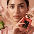 Bujairami Blush by Bujairami Eau de Parfum 100ml — Woman holding a pink glass perfume bottle with a gold cap, with blurred flowers and lime in the background.