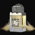 Maison Alhambra Lava by Maison Alhambra 100ml EDP — Clear glass perfume bottle with golden liquid, textured silver label, and a grey wood-grain cap with mountain-like edges, set against a black background with gold dust accents.