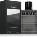 Nuit Parfaite by Rave 100ml EDP — Black box with geometric white and black lines next to a clear glass perfume bottle with a ribbed black cap and horizontal striped design.