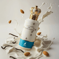 Maison Alhambra The White Cloud by Maison Alhambra 100ml EDP — A white perfume bottle with a gold crown cap, surrounded by splashing milk, almonds, and vanilla beans.