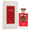 Lattafa Pride Sapphire Royal — A white box with gold trim and a red panel featuring Arabic and English text, next to a clear glass perfume bottle with a red front, copper accents, and three square red gems.
