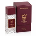 Bujairami Cartel by Bujairami 100ml Extrait — Clear faceted glass perfume bottle with burgundy cap and label, next to a burgundy presentation box with gold logo.