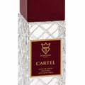Bujairami Cartel by Bujairami 100ml Extrait — Clear faceted glass bottle with a deep red cap and a maroon label featuring a gold crown logo and text.
