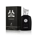 Maison Alhambra Cassius 100ml — Black perfume bottle and matching box with horse emblem, set against a white background. | Maison Alhambra Cassius 100ml — Botol minyak wangi hitam dan kotak sepadan dengan lambang kuda, diletakkan di atas latar belakang putih.