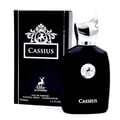 Maison Alhambra Cassius 100ml — Black perfume bottle and box set with silver accents and a deer logo, featuring the name 'Cassius' in white. | Maison Alhambra Cassius 100ml — Set botol dan kotak minyak wangi hitam dengan perincian perak dan logo rusa, memaparkan nama 'Cassius' dalam warna putih.