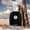 Maison Alhambra Cassius 100ml by Maison Alhambra — A black perfume bottle with a silver cap stands on a sandy beach, surrounded by driftwood and logs, with a cloudy sky and ocean in the background. | Maison Alhambra Cassius 100ml by Maison Alhambra — Botol minyak wangi hitam dengan penutup perak berdiri di pantai