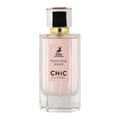Maison Alhambra Chic Velvet Pink Secret for Women 100ml — A clear glass perfume bottle with pink liquid, a gold collar, and a clear cap with a black insert, set against a white background. | Maison Alhambra Chic Velvet Pink Secret for Women 100ml — Botol kaca jernih dengan cecair merah jambu, kolar emas, dan penutup