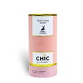 Maison Alhambra Chic Velvet Pink Secret for Women 100ml — A pink cylindrical perfume container with gold accents and white labels featuring text and a deer silhouette. | Maison Alhambra Chic Velvet Pink Secret for Women 100ml — Bekas minyak wangi berbentuk silinder merah jambu dengan aksen emas dan label putih yang