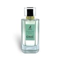 Maison Alhambra Chic Velvet Vert Secret 100ml — Clear glass perfume bottle with a light green label featuring a deer logo and text "VELVET VERT SECRET CHIC Eau de parfum". The bottle has a clear cap with a black insert and gold accent. | Maison Alhambra Chic Velvet Vert Secret 100ml — Botol minyak wangi kaca jernih