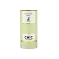 Maison Alhambra Chic Velvet Vert Secret 100ml — A light green cylindrical perfume box with gold trim and two white labels. The top label features text and a deer silhouette. The bottom label has the word "CHIC" and "Eau de parfum" with a heart symbol. | Maison Alhambra Chic Velvet Vert Secret 100ml — Kotak minyak