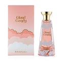 Khadlaj Cloud Candy Eau De Parfum 100ml — A pink and white box with cloud motifs and gold lettering sits next to a clear glass perfume bottle with similar cloud designs and a gold cap. | Khadlaj Cloud Candy Eau De Parfum 100ml — Sebuah kotak merah jambu dan putih dengan motif awan dan tulisan emas diletakkan di