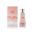 Khadlaj Cloud Candy Eau De Parfum 100ml — A pink and white box with cloud designs sits next to a clear glass perfume bottle with pink liquid and cloud-like white accents. | Khadlaj Cloud Candy Eau De Parfum 100ml — Kotak merah jambu dan putih dengan rekaan awan terletak di sebelah botol minyak wangi kaca jernih dengan