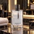 Armaf Club de Nuit Precieux II — Clear glass perfume bottle with metallic chain and tag, on a marble countertop with stacked white towels and a dispenser.