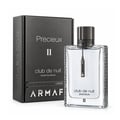 Armaf Club de Nuit Precieux II — A clear glass perfume bottle with a black cap and a metallic tag on a chain, next to its dark grey textured box with silver lettering.