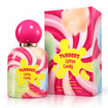 Grandeur Cotton Candy by Tubbees 50ml EDP Unisex — Penutup bulat merah jambu, botol belang gula-gula berlabel percikan kuning, dan kotak belang merah jambu sepadan dengan awan gula-gula kapas.