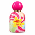 Grandeur Cotton Candy by Tubbees 50ml EDP Unisex — Botol minyak wangi kaca jernih dengan penutup bulat merah jambu dan perincian emas, menampilkan rekaan corak gula-gula berpusar merah jambu, putih, hijau, dan biru serta label percikan kuning.