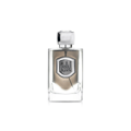 Lattafa Liam Grey by Lattafa 100ml EDP — Clear glass perfume bottle with a silver emblem featuring Arabic script and 'LIAM' below, topped with a silver cap, against a white background.