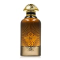 Paris Corner Daar Al Oud Intense 100ml — A clear glass perfume bottle with amber liquid, featuring a gold ornate cap and a sunburst-like design with Arabic script and 'DAAR AL OUD' text. | Paris Corner Daar Al Oud Intense 100ml — Botol minyak wangi kaca jernih dengan cecair berwarna ambar, menampilkan penutup emas