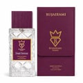 Bujairami Dead Serious by Bujairami 100ml Extrait Unisex — Clear faceted glass perfume bottle with a textured purple cap and gold emblem label, next to a matching purple presentation case.