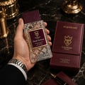 Bujairami Dead Serious by Bujairami 100ml Extrait Unisex — Hand holding a clear, faceted glass perfume bottle with a burgundy cap and label, next to a burgundy leather case and a pen on a dark marble surface.
