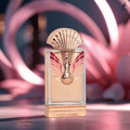 Maison Alhambra La Charmante Eclatant by Maison Alhambra 100ml EDP — A clear glass perfume bottle with a rose gold fan-shaped cap and a detailed peacock emblem on the front, set against a blurred pink floral background.