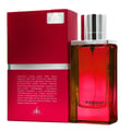 Pandora Destined Red 100ml by Pendora Scents — A red perfume bottle with a silver cap stands next to its matching red box, showing ingredients list. | Pandora Destined Red 100ml by Pendora Scents — Botol minyak wangi merah dengan penutup perak berdiri di sebelah kotak merahnya, menunjukkan senarai ramuan.