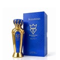 Bujairami Drip No. 7 Bujairami 100ml EDP — Blue and gold perfume bottle with intricate gold cap, standing next to its matching blue textured box with gold crown logo.