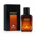 TADangel Dynasty by TADangel 100ml EDP Men — Kotak hitam corak kayu dengan gradien oren dan logo emas di sebelah botol minyak wangi kaca perang amber jernih bertutup hitam dan logo emas